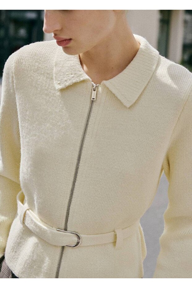 Belted Shirt-Collar Cardigan