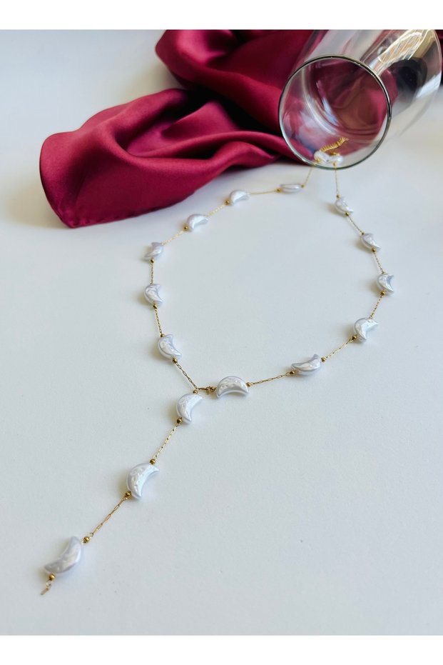 Stainless Steel Moon Mother of Pearl Gold Y Necklace