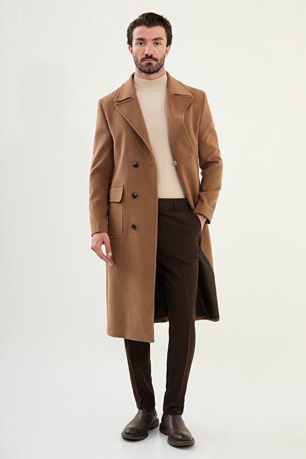 Straight Slim Fit Bag Pocket Wide Collar Double Breasted Long Cashmere Men's Coat Camel - 21322.25K