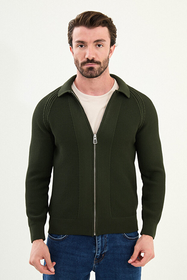 Patterned Slim Fit Zippered Shirt Collar Cotton Men's Knitwear Jacket Khaki - 11243.25K