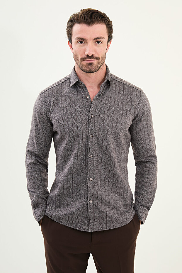 Striped Slim Fit Long Sleeve Lumberjack Wool Men's Shirt Light Brown - 27099.25K