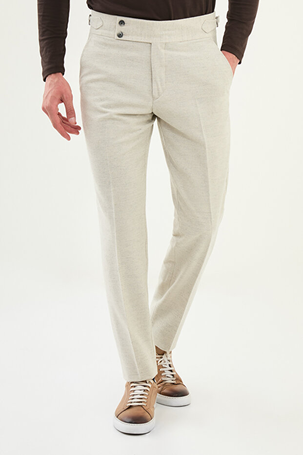 Checked Slim Fit Buckled Waist Wool Men's Trousers Beige - 38326.25K