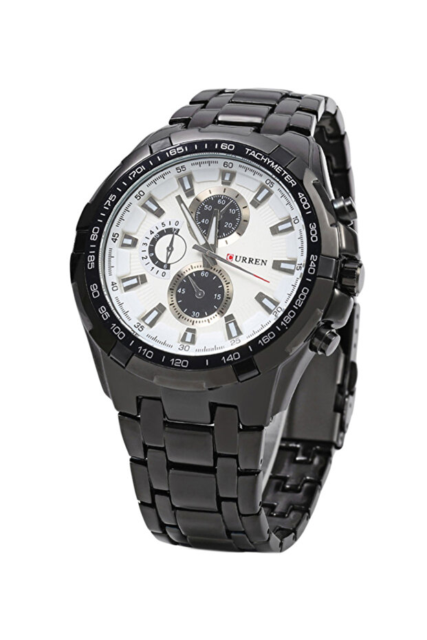 8023 Men's Chronograph Quartz Watch with Black Stainless Steel Strap and White Dial