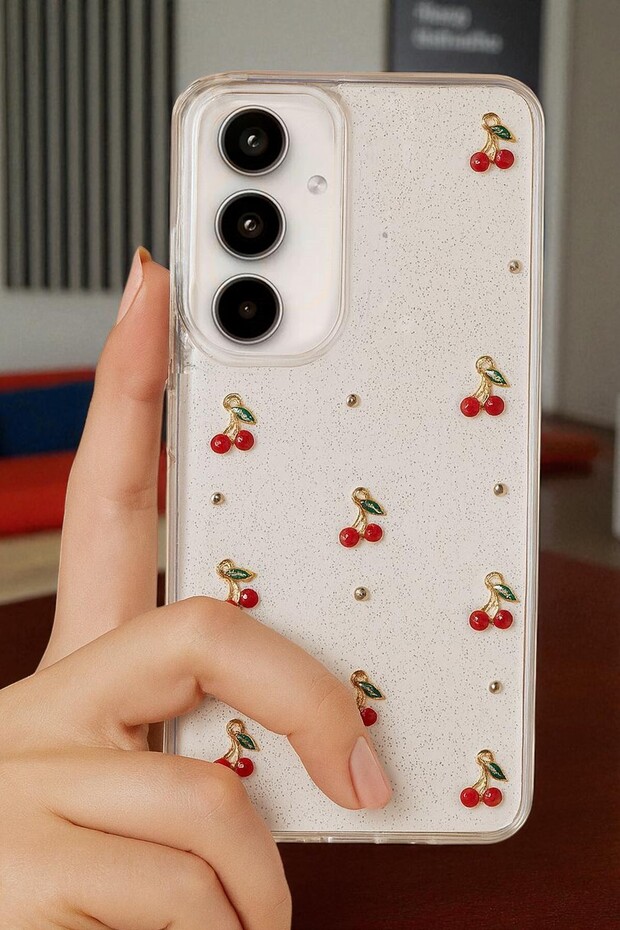 متوافق مع هاتف Samsung S23 Fe - غطاء هاتف شفاف مقاوم للصدمات بنمط الكرز الإيبوكسي