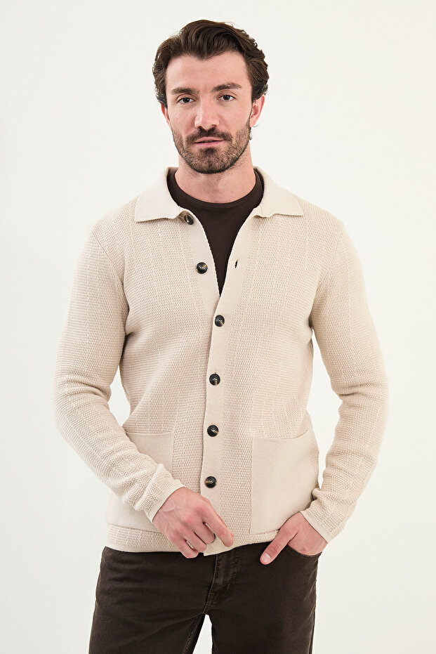 Patterned Slim Fit Pocket Shirt Collar Men's Knitwear Jacket Beige - 11241.25K