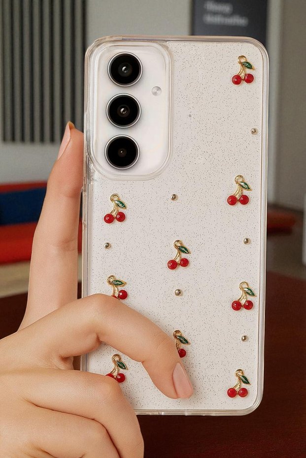 Compatible with Samsung S24 Plus / S25 Plus - Epoxy Cherry Pattern, Transparent, Shockproof Phone Case