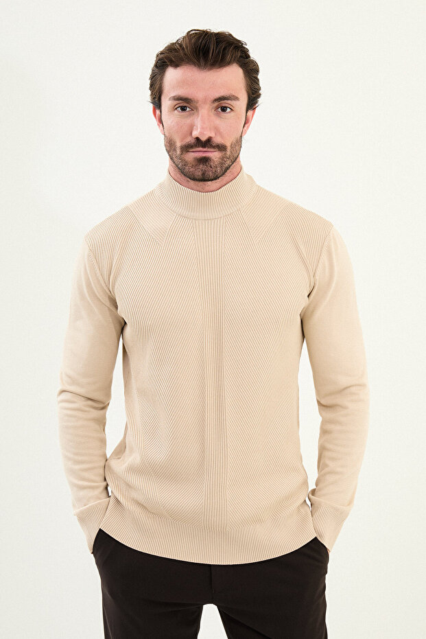 Striped Slim Fit Half Turtleneck Men's Knitwear Sweater Beige - 11568.25K