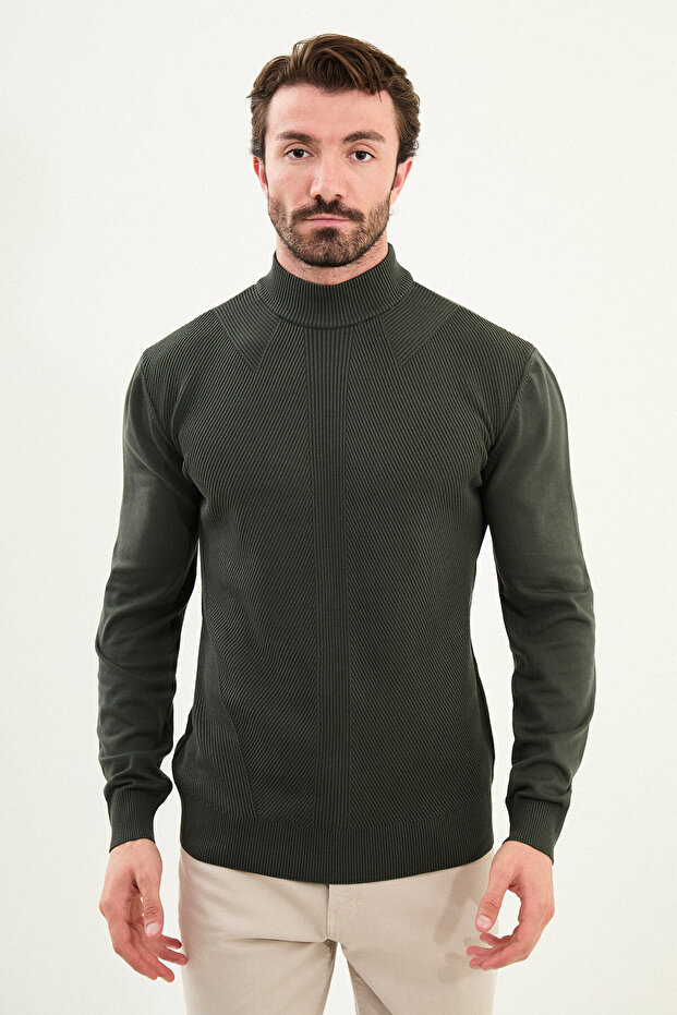 Striped Slim Fit Half Turtleneck Men's Knitwear Sweater Khaki - 11568.25K