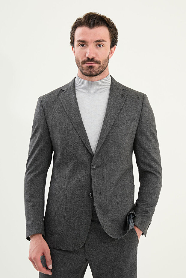 Gray Slim Fit Bag Pocket Mono Collar Wool Men's Suit Black - 45414.25K