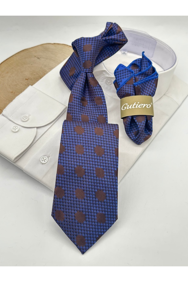 Brown Patterned Classic Tie with Handkerchief