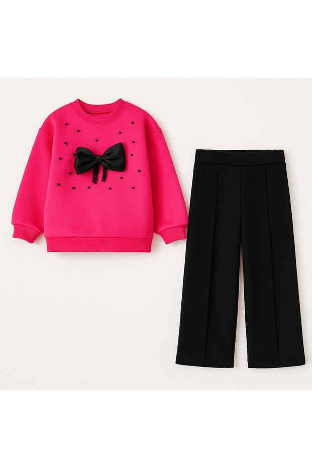 Girl's Bow Detailed 2-Piece Set - Pink Sweatshirt & Black Pants Top and Bottom Set