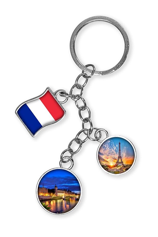 France Triple Epoxy Metal Double Sided Drop Keychain France