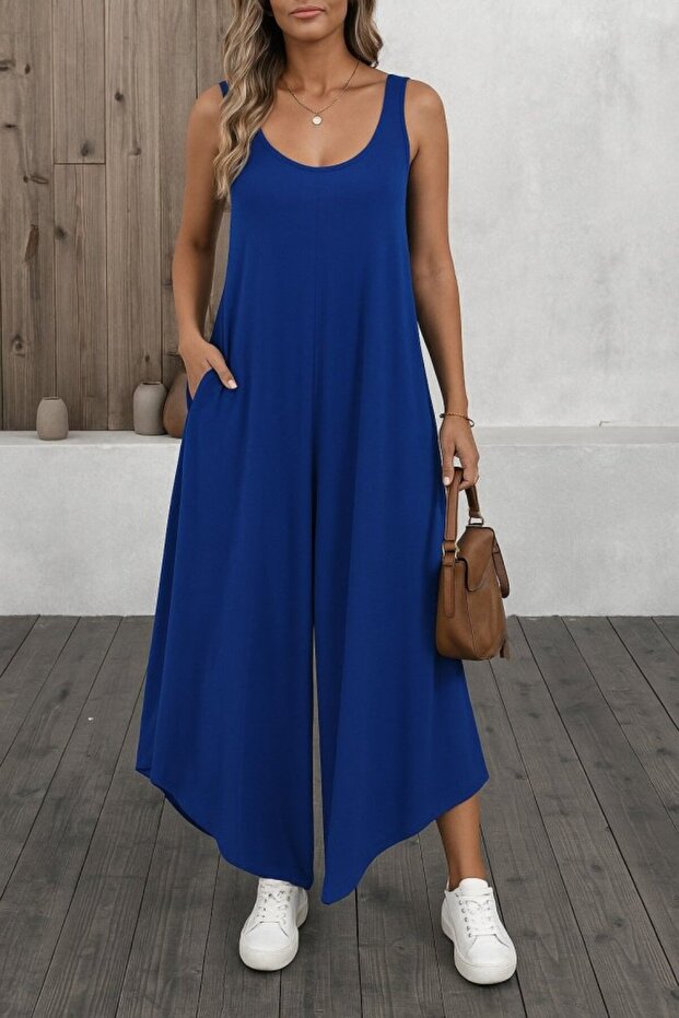 Women's Strap Round Neck Pocket Casual Long Viscose Jumpsuit