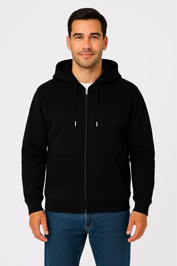 Men's Three Thread Hooded Full Zipper Kangaroo Pocket Sweatshirt Hoodie - Black