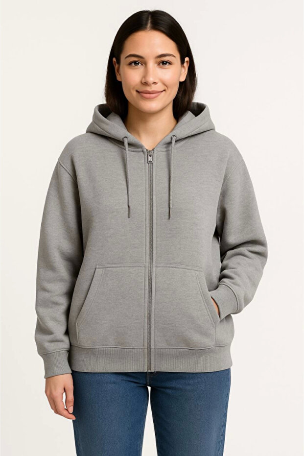 Three Thread Hooded Full Zipper Kangaroo Pocket Sweatshirt Hoodie - Gray