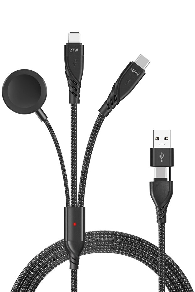 100W Type-C 3-in-1 Charging Cable 5A Fast Charge Compatible with iPhone, Apple Watch, Android Device