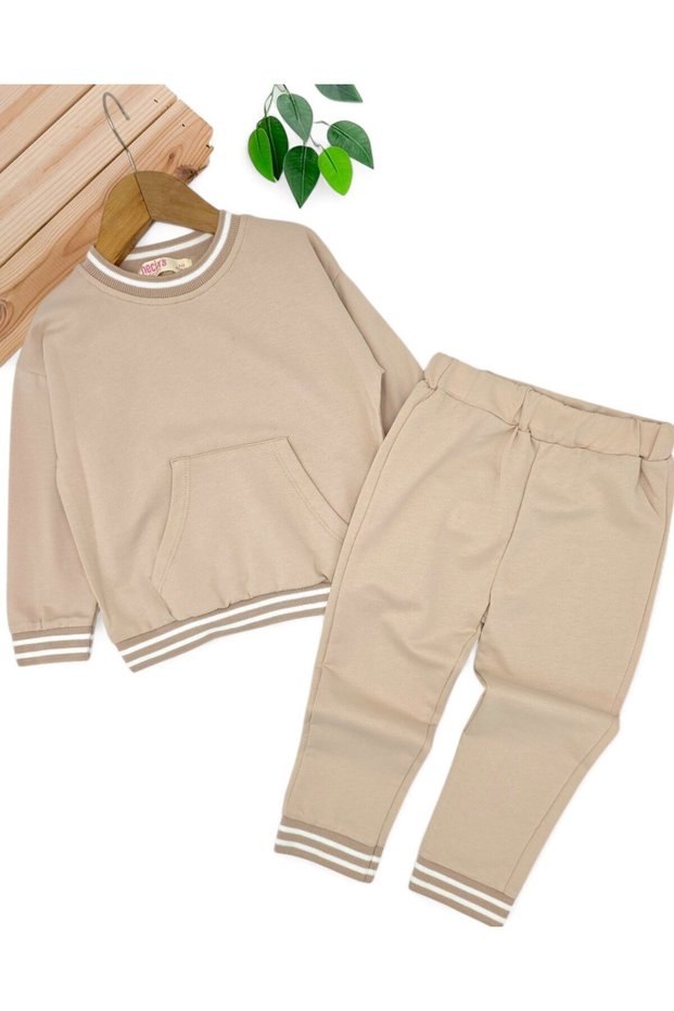 Girl's Kangru Pocketed 2-3-4-5-6 Years Old 100% Cotton 2 Yarn College Tracksuit Set
