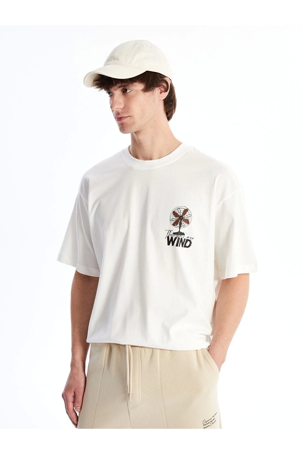 Xside Ecru Crew Neck Short Sleeve Printed Combed Cotton Men's T-Shirt