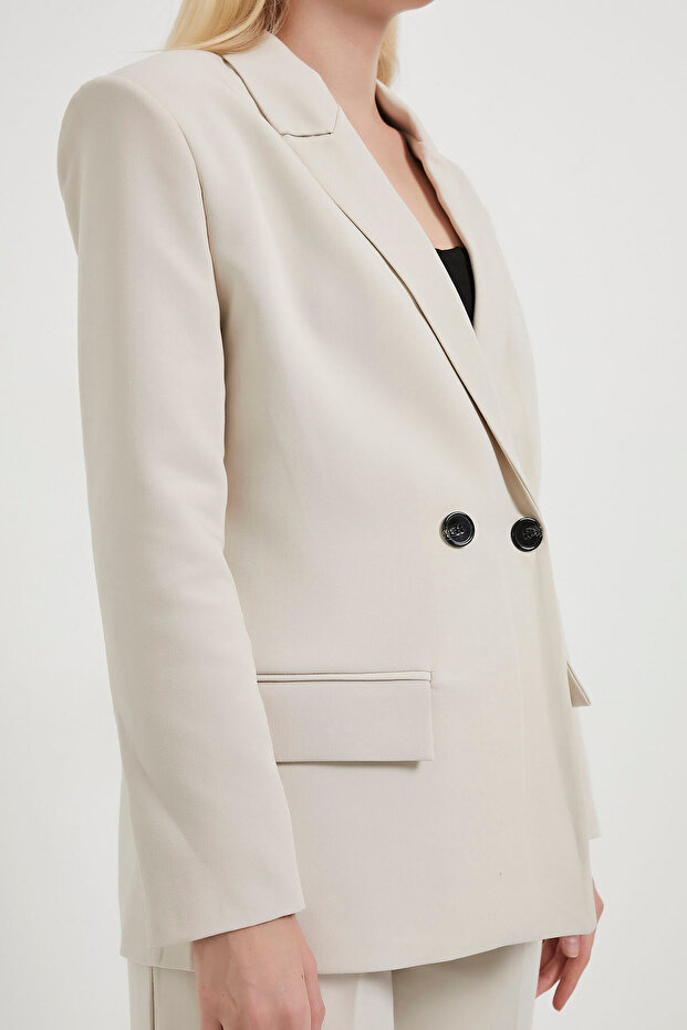 Kadın Çift Düğmeli Premium Basic Krem Blazer Ceket - 4