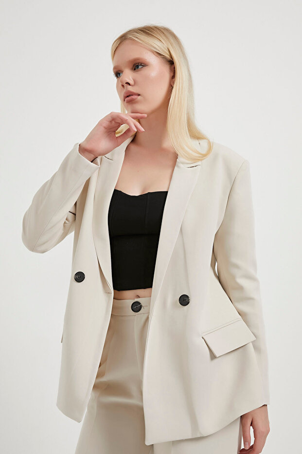 Kadın Çift Düğmeli Premium Basic Krem Blazer Ceket - 1