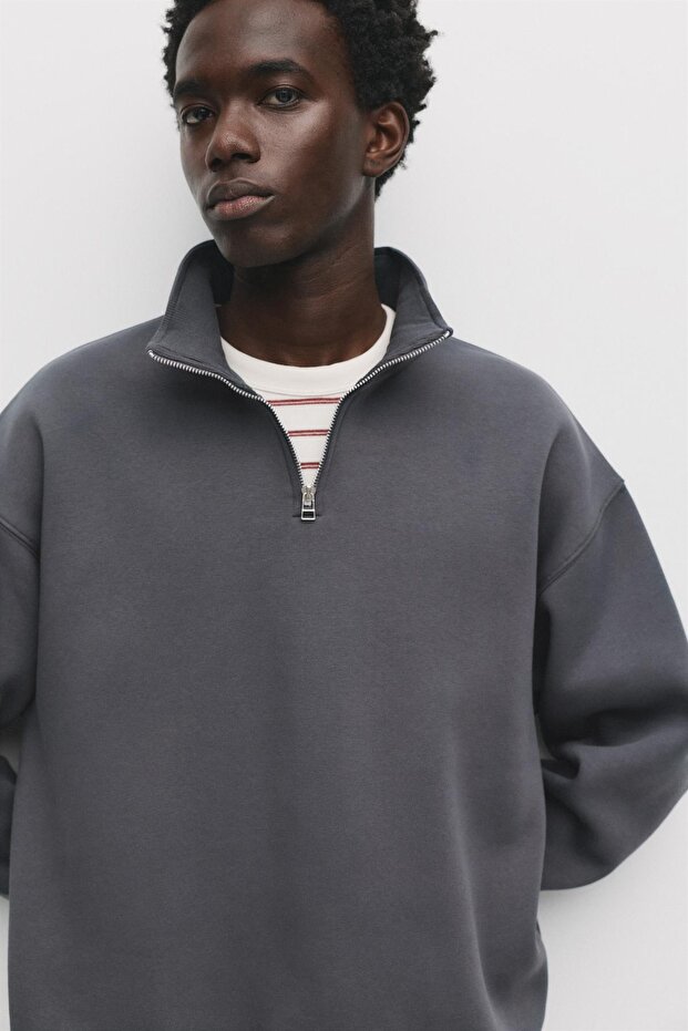 Fermuarlı dik yaka basic sweatshirt - 5