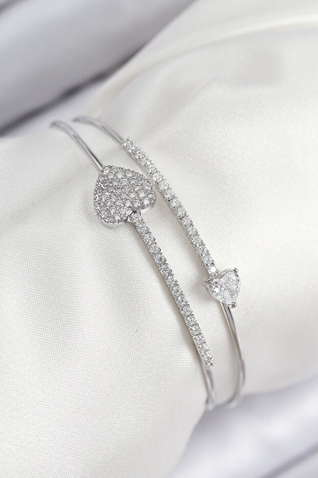 Brass Zircon Stone Heart Model Silver Color Women's Bracelet
