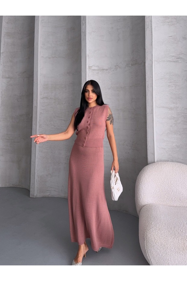 Women's Button Detailed Vest and Skirt Bottom Top Double Knitwear Set