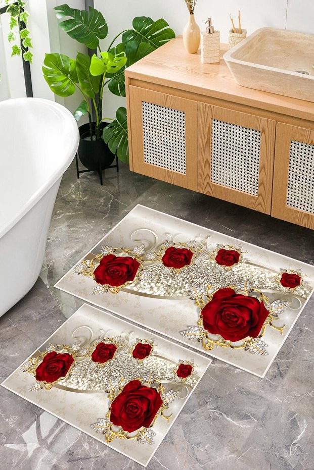 Digital Printing Rose Pattern Non-Slip Base Set of 2 Bath Mat Toilet Set (50X60Cm-60X100Cm)