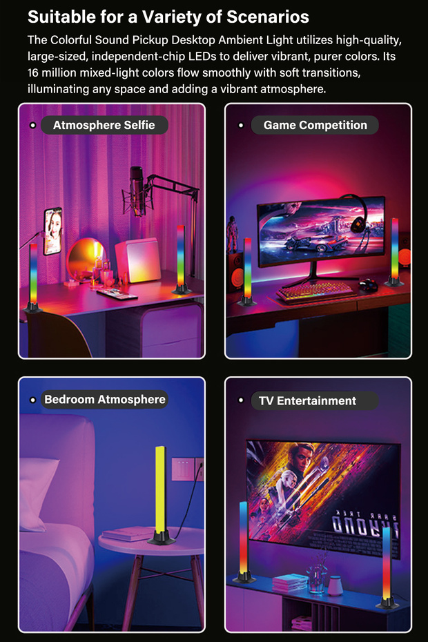 RGB Gaming Light Bars Set of 2 Desktop Music Rhythm LED Ambient Lights with Bluetooth APP Control - 5