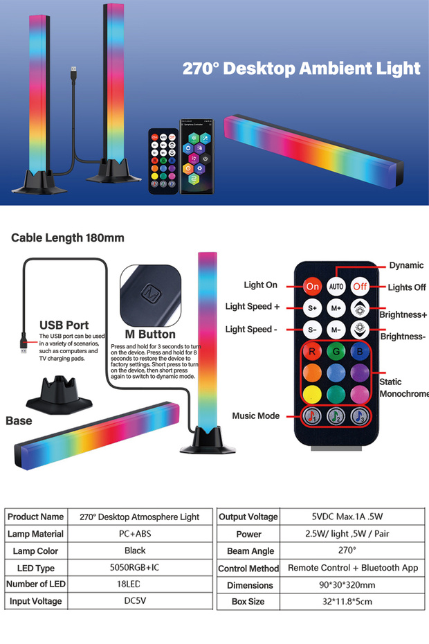 RGB Gaming Light Bars Set of 2 Desktop Music Rhythm LED Ambient Lights with Bluetooth APP Control - 2