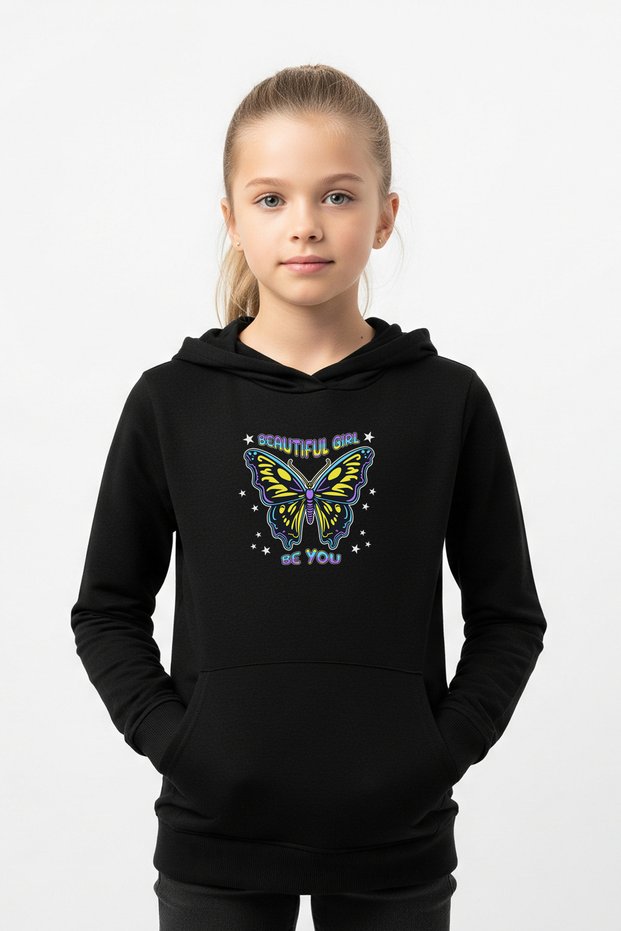 Hooded Kangaroo Pocket Butterfly Printed Detail Girl's Sweatshirt