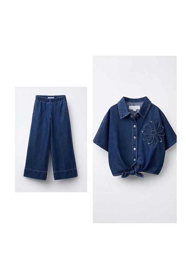Girl's Daisy Applique Detailed Denim Waist Tie Top - Jeans Pants Bottom Top Set 2 Pieces