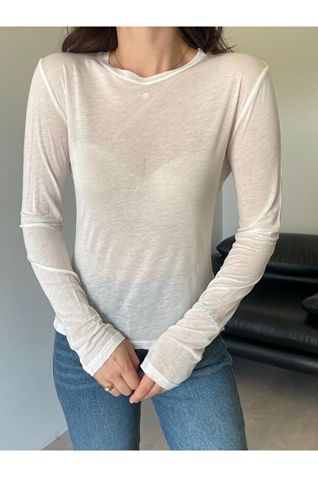 Ekru Transparan Basic Bluz - 2