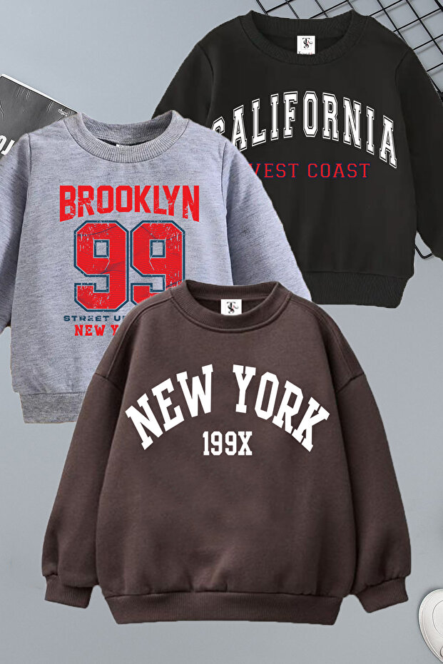 California and Brooklyn Printed 3-Pack Unisex Grey-Black-Brown Kids Sweatshirt