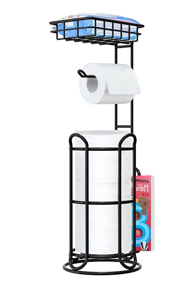 Floor Standing Metal Paper Roll Towel Holder Stand Organizer Toilet Paper Rack Vertical Storage Bask