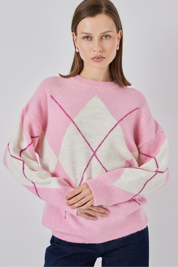 15895 Baklava Desenli Oversize Triko Kazak - C. Pembe - 1
