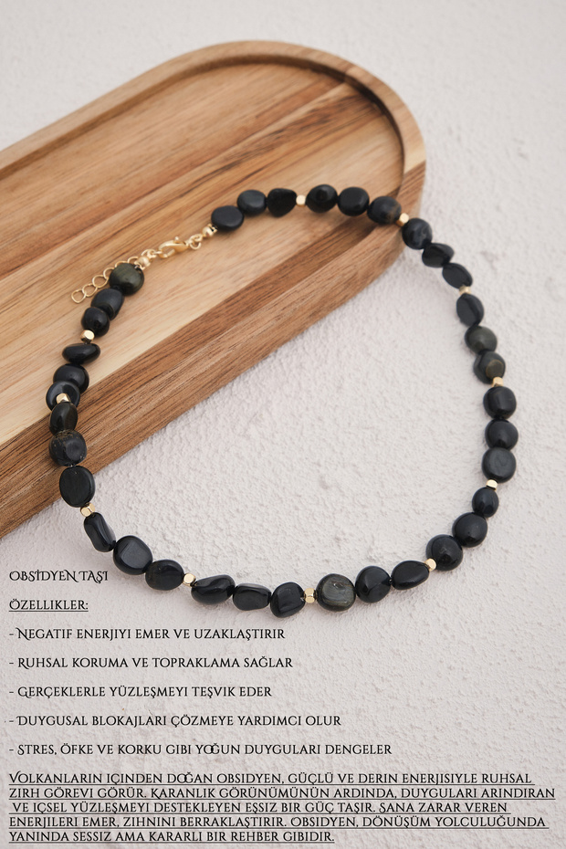 Obsidian Natural Stone Necklace 40Cm+5Cm Handcrafted Custom Made Real Obsidian Black Stone