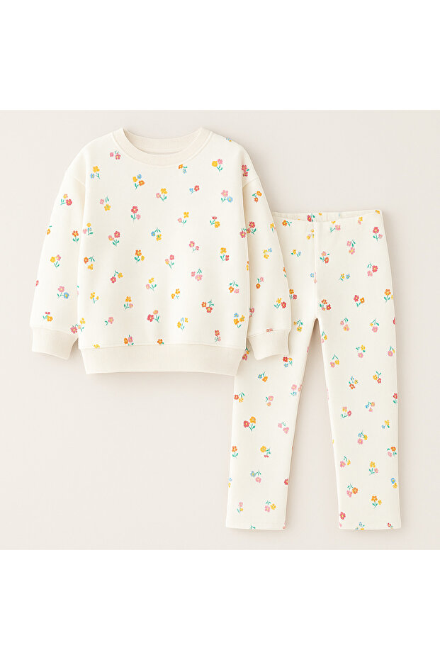 Girl's Floral - Leopard Detailed 3 Thread Bottom Top Set Sweatshirt + Leggings