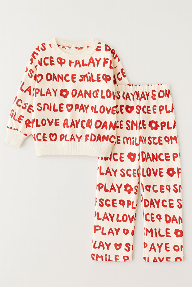 Girl's Love Slogan Text Detailed Top and Bottom Set 3 Yarns