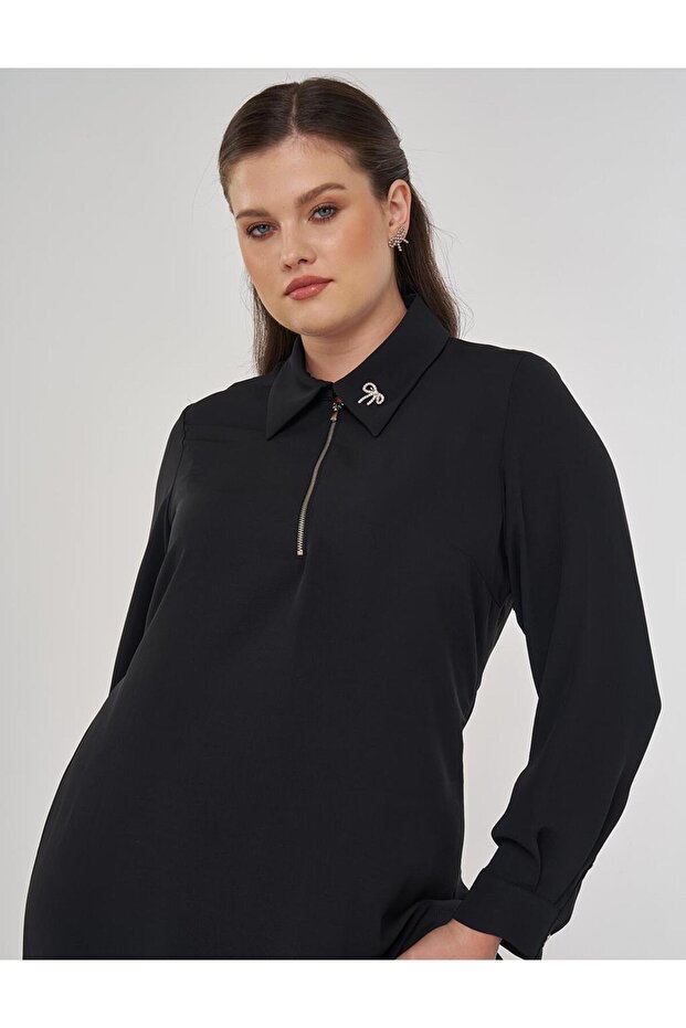 Katlı Gömlek Elbise Siyah - 6