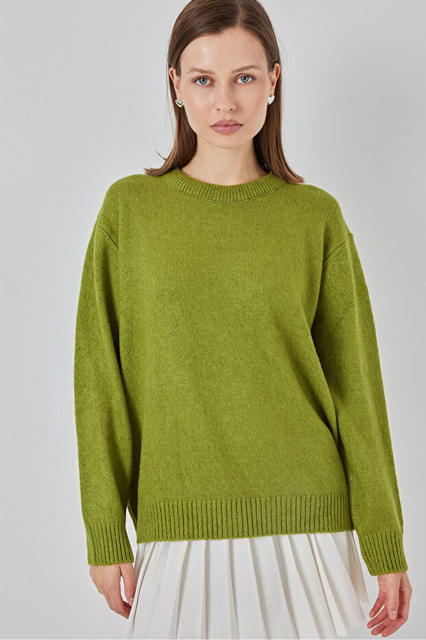 15895 Baklava Desenli Oversize Triko Kazak - D.Yeşil - 1