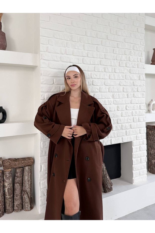Buttoned Oversize Coat with Cashmere Shoulder Detail and Belt