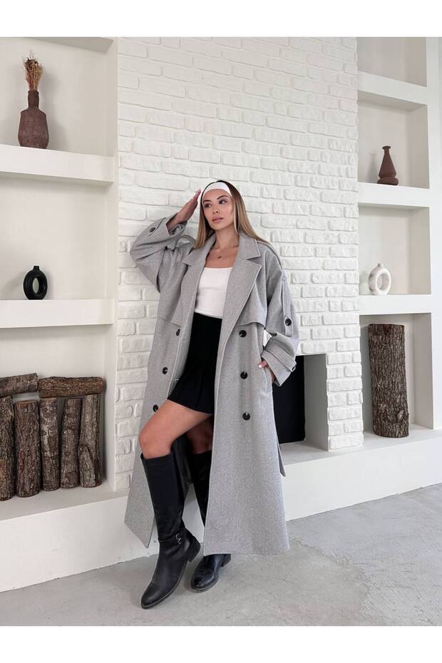 Buttoned Oversize Coat with Cashmere Shoulder Detail and Belt