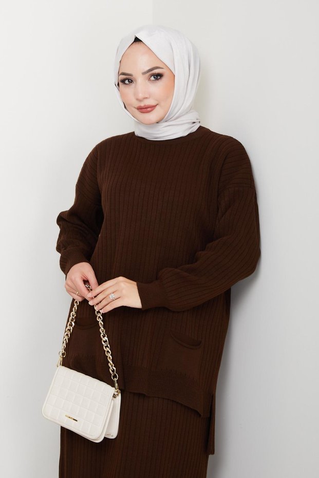 Vertical Striped Knitwear Tunic Skirt Set with Pockets