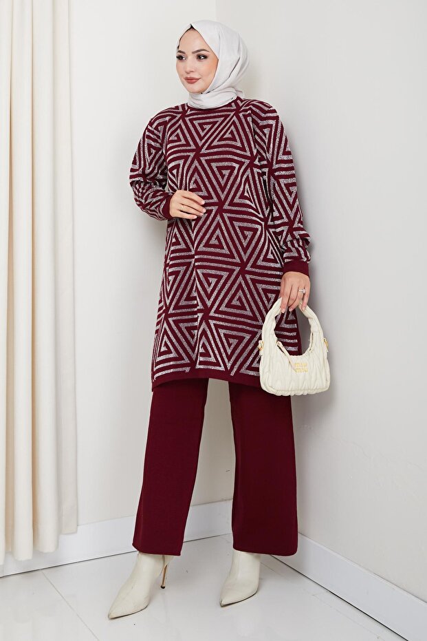 Silvery Triangle Patterned Knitwear Trousers Tunic Set