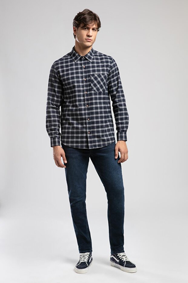 قميص شاو الرجالي المنسوج باللونين الرمادي والأزرق الداكن