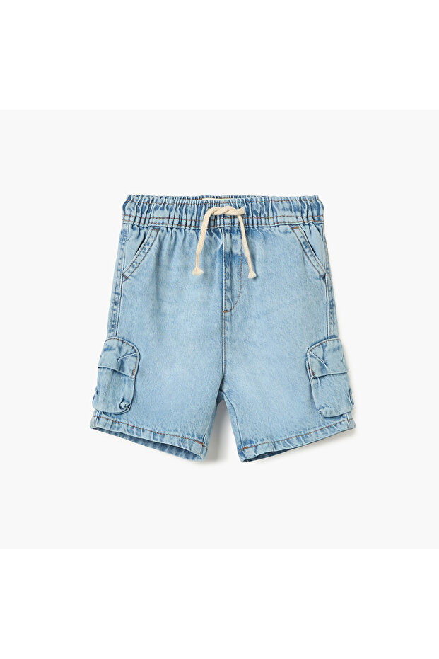 Solid Denim Shorts with Drawstring Closure and Pockets - 1