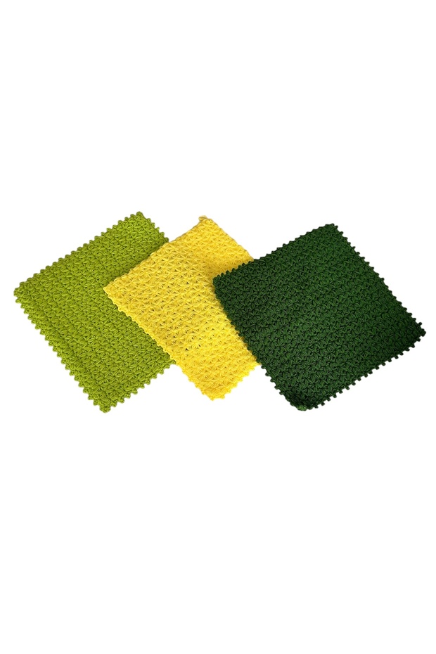 Hand Knitted Star Model Square 3-Piece Bath Washcloth Pale Green & Yellow & Dark Green
