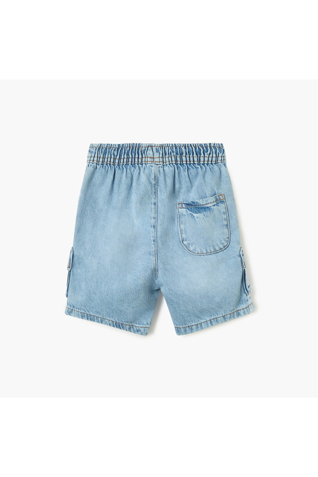 Solid Denim Shorts with Drawstring Closure and Pockets - 2
