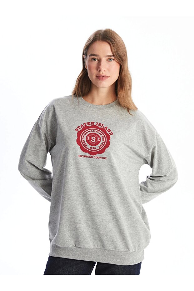 Lcw Modest Gray Crew Neck Printed Women's Sweatshirt Tunic